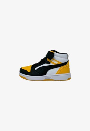 Sneaker alto nero, giallo e bianco con finitura in pelle liscia. Presenta una fascia in velcro e un design della punta perforato.