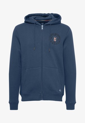 Navy blå hettegenser med glidelås laget av en bomullsblanding, med frontlogo, snørehette og to sidelommer. Ribbestrikkede ermer og kant.