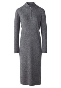 Szary sweter-dres o prążkowanej fakturze, z wysokim dekoltem i długimi rękawami. Posiada krótki zamek błyskawiczny przy szyi oraz dopasowany krój.