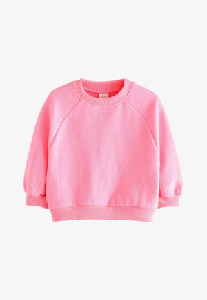 Pink sweatshirt med rund hals, lange ærmer, ribstrikkede ærmelukninger og kant, lavet af blødt stof.
