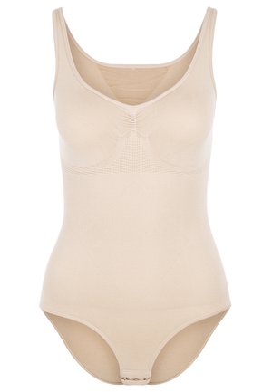 Beige body met een ronde halslijn, gevormde cups, geribbelde textuur en een thong onderkant. Heeft een naadloos ontwerp en lichte materialen.