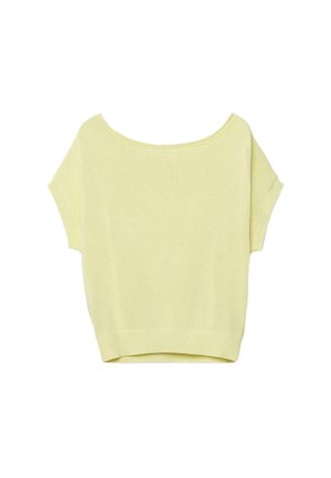 Pull tricoté manches courtes jaune pâle avec encolure large en forme de goutte et ourlet côtelé ainsi que poignets côtelés.