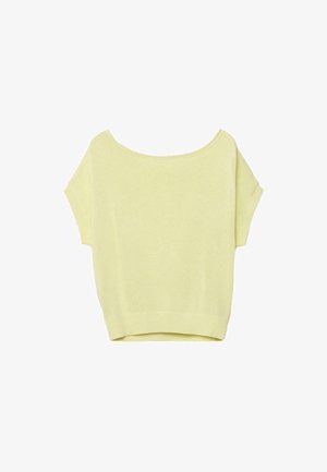 Pull tricoté manches courtes jaune pâle avec encolure large en forme de goutte et ourlet côtelé ainsi que poignets côtelés.