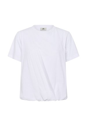 Tricou alb cu mâneci scurte și guler rotund, cu detaliu ușor adunat la tiv și cusături diagonale subtile în față.