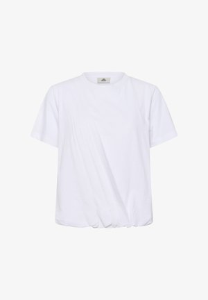 Tricou alb cu mâneci scurte și guler rotund, cu detaliu ușor adunat la tiv și cusături diagonale subtile în față.