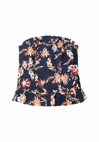 Floral peplum top van marineblauwe stof, met oranje en witte bloemmotieven, gerimpelde halslijn en een uitlopende zoom. Glade textuur.