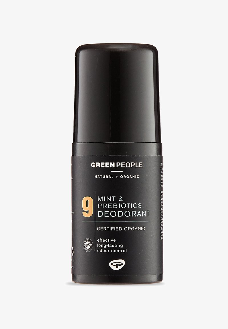 Schwarze Roll-On-Deodorant-Flasche mit glatter Oberfläche. Enthält weiße und türkisfarbene Schrift mit der Aufschrift "Minze & Präbiotika Deodorant" sowie Zertifizierungsdetails.