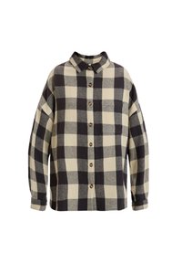 Button-up skjorte i en cremet og sort ternet mønster, lavet af flannel. Har krave, lange ærmer og en brystlomme.