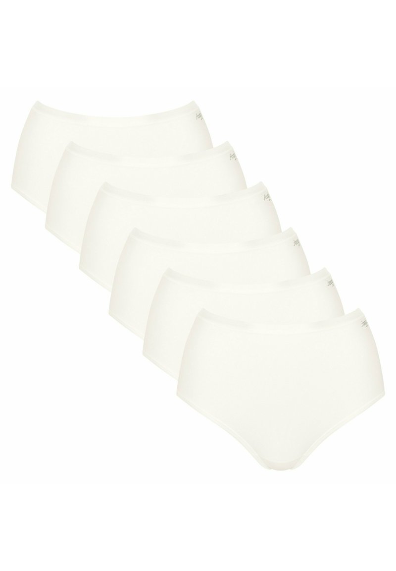 Weiße Baumwoll-Slips mit hohem Bund, die sich durch eine glatte Textur und einen elastischen Bund auszeichnen. Set aus sechs Stück, einheitlich gestaltet ohne Muster oder Drucke.