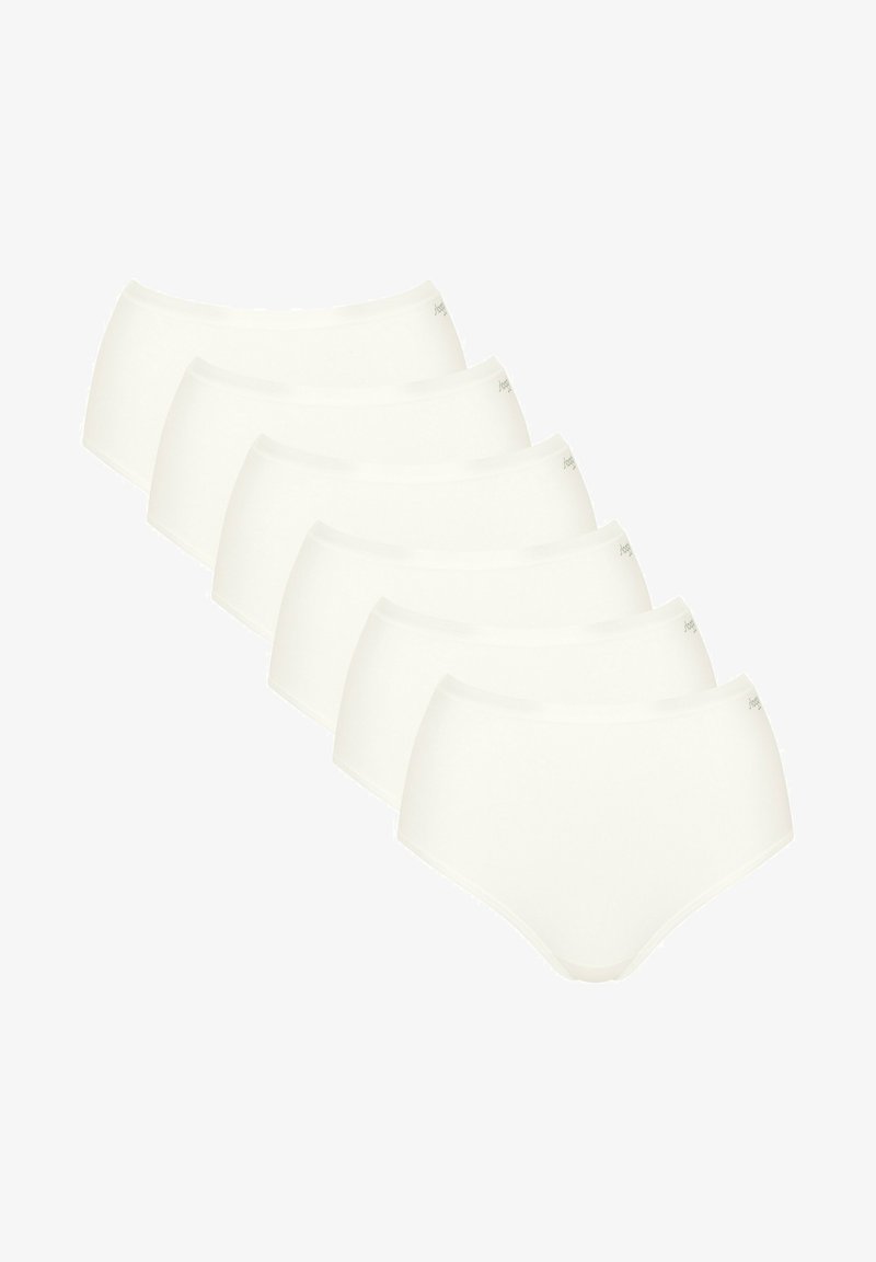 Weiße Baumwoll-Slips mit hohem Bund, die sich durch eine glatte Textur und einen elastischen Bund auszeichnen. Set aus sechs Stück, einheitlich gestaltet ohne Muster oder Drucke.