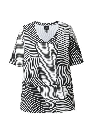 Top de manga corta y cuello en V, hecho de tela blanca con un audaz patrón de líneas onduladas negras de diferentes anchuras en toda la superficie.