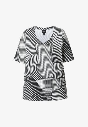 Top de manga corta y cuello en V, hecho de tela blanca con un audaz patrón de líneas onduladas negras de diferentes anchuras en toda la superficie.