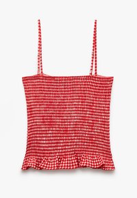Rode en witte gegingham-gepatroneerde top met verstelbare spaghettibandjes en een gerimpelde buste, met een volantzoom.