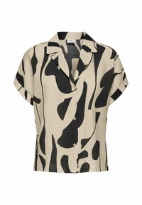 Short-sleeve shirt in beige with a black abstract pattern. Features a collared neck and button closure, made from lightweight textured fabric.
