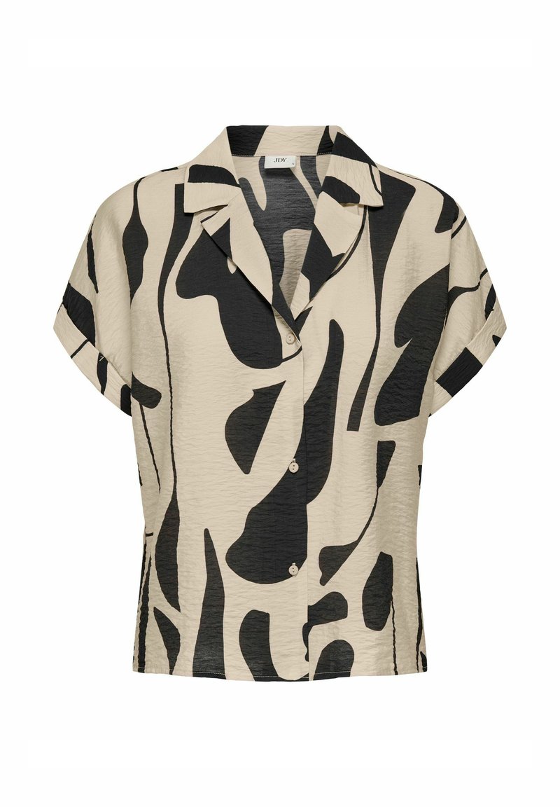 Short-sleeve shirt in beige with a black abstract pattern. Features a collared neck and button closure, made from lightweight textured fabric.