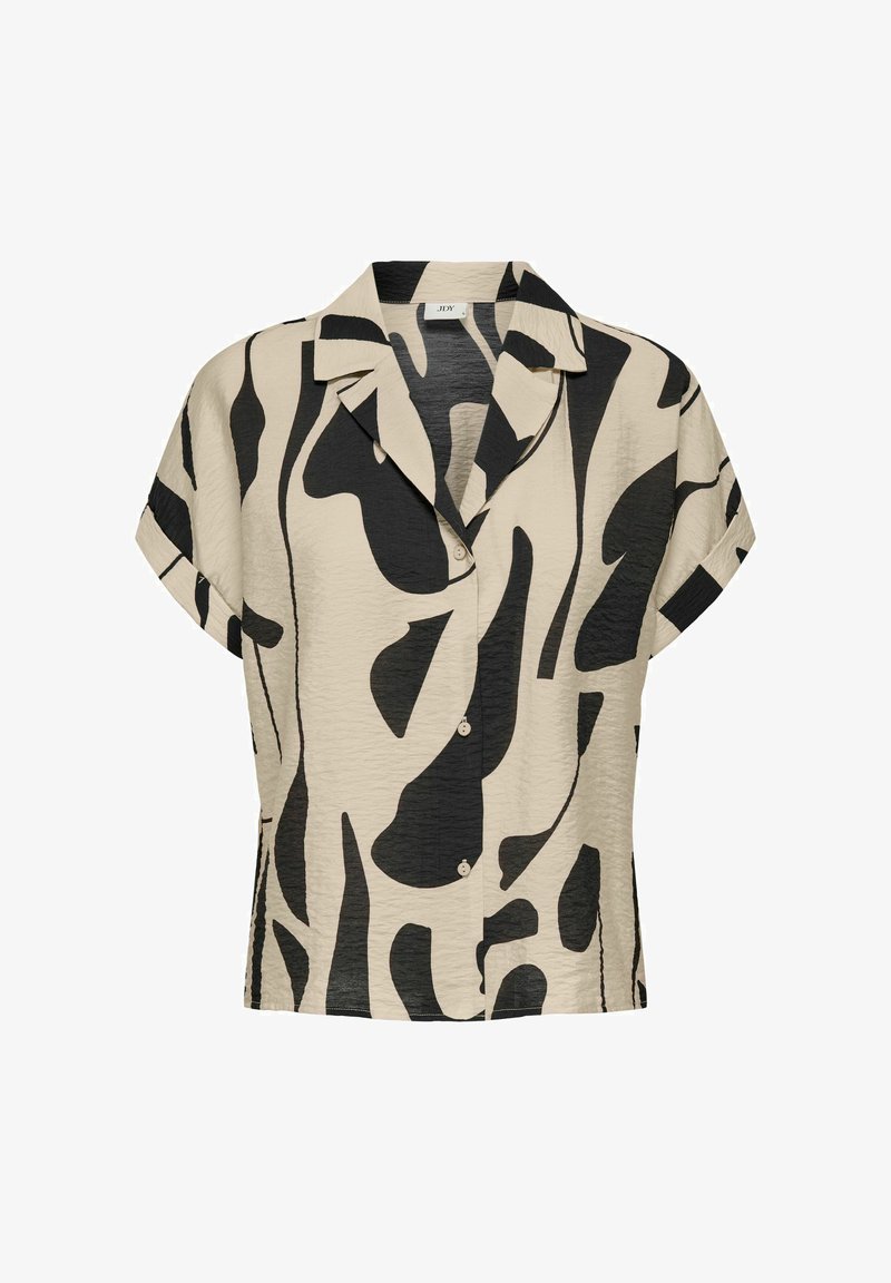 Short-sleeve shirt in beige with a black abstract pattern. Features a collared neck and button closure, made from lightweight textured fabric.