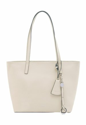 Sac cabas en cuir beige avec doubles poignées, petite pochette suspendue et une lanière en cuir avec anneau métallique et breloque sur le côté avant droit.