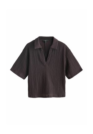 Trumpomis rankovėmis, apykaklės palaidinė tamsiai rudos tekstūruotos medžiagos; pasižymi laisvu kirpimu ir šiek tiek trumpesne konstrukcija.