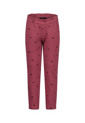 Dziewczęce legginsy w kolorze mauve z ciemnymi wzorami serc, elastycznym paskiem i zwężanymi nogawkami.