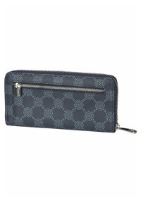 Navy wallet with a textured finish, featuring a zippered closure and a decorative pattern in light blue. Slim rectangular shape.