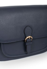 Navy blue leather handbag with a textured surface, featuring a gold-tone buckle and a flap closure. Clean lines and minimalist design.