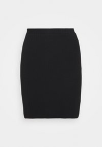 Gonna a tubino nera a coste con vita alta, caratterizzata da una texture verticale e una finitura liscia. Progettata per una silhouette aderente.