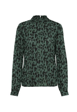 Žalia ilgomis rankovėmis palaidinė su juodu abstrakčiu raštu, flašuota su aukštu surenkamu kaklu ir prisiūtomis rankovėmis. Lygus paviršius.