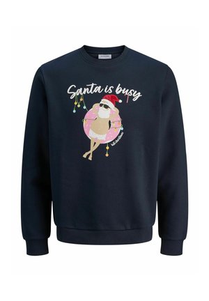 Marineblauer Sweatshirt aus Baumwolle mit einem Druckgrafik eines entspannten Weihnachtsmanns mit Sonnenbrille auf einem pinken Pool-Float. Der Text lautet "Der Weihnachtsmann hat zu tun."