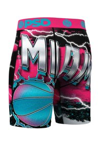 Shorts de atletism pentru bărbați cu o talie roz, un design grafic cu textul "MIAMI", o minge de baschet albastră și accente de fulgere.