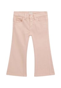 Jeans flared di un rosa chiaro con vita alta, chiusura a più bottoni e tasche anteriori e posteriori. Texture liscia simile al denim.