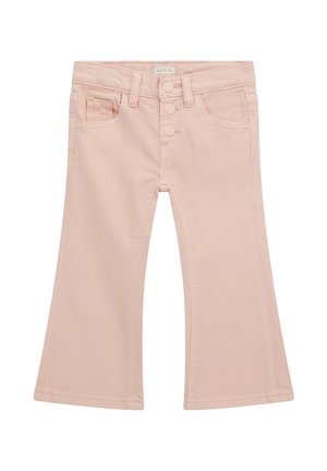 Jeans flared di un rosa chiaro con vita alta, chiusura a più bottoni e tasche anteriori e posteriori. Texture liscia simile al denim.