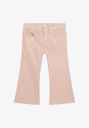 Jeans flared di un rosa chiaro con vita alta, chiusura a più bottoni e tasche anteriori e posteriori. Texture liscia simile al denim.