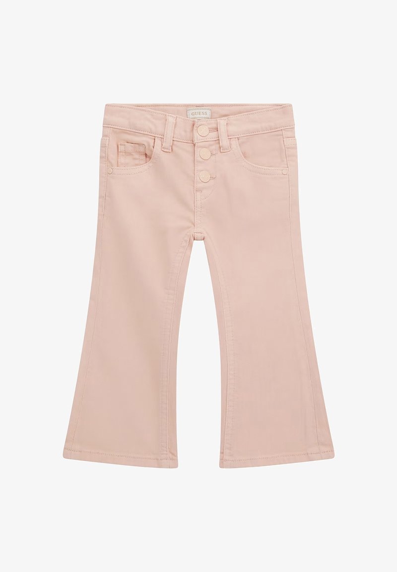 Jeans flared di un rosa chiaro con vita alta, chiusura a più bottoni e tasche anteriori e posteriori. Texture liscia simile al denim.