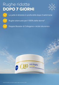 Barattolo di crema per la cura della pelle di colore bianco con una fascia gialla, etichettato "Q10 Anti-Rughe Power", progettato per ridurre le rughe. Lo sfondo presenta un cielo blu.