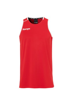 Rotes ärmelloses Sportshirt aus glattem Stoff. Mit weißen Akzenten auf den Schultern und weißem Branding auf der Vorderseite.