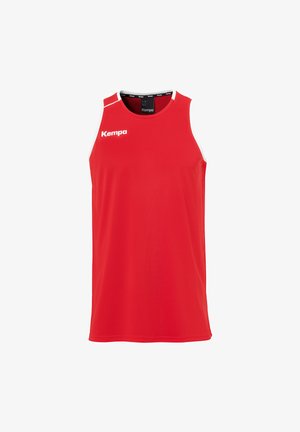 Rotes ärmelloses Sportshirt aus glattem Stoff. Mit weißen Akzenten auf den Schultern und weißem Branding auf der Vorderseite.