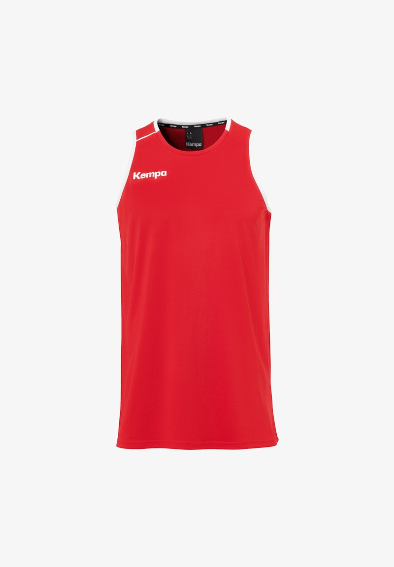 Rotes ärmelloses Sportshirt aus glattem Stoff. Mit weißen Akzenten auf den Schultern und weißem Branding auf der Vorderseite.