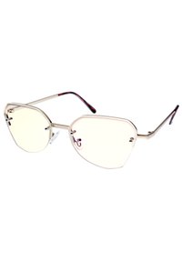 Metalliska kattögon-solglasögon med gult tonade linser, slimma skalmar och flerfärgade mönster på skalmtopparna. Lättviktsdesign.