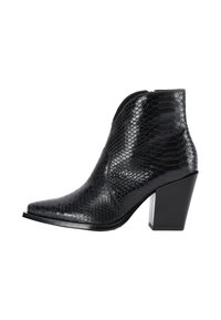 Boots negri până la gleznă cu un finisaj texturat de piele de șarpe, vârful ascuțit și toc gros. Prezintă accente netede pe margini și cusături.