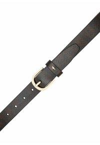 Brązowy skórzany pasek z teksturowaną powierzchnią, wyposażony w złocistą metalową klamrę i wiele otworów do regulacji rozmiaru.