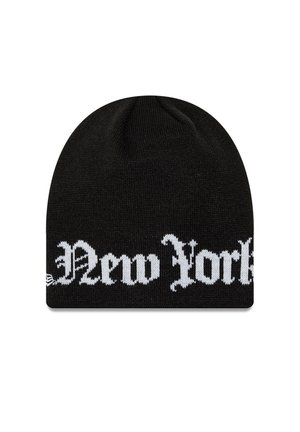 Sort strikket hue med hvid gotisk tekst med teksten "New York" foran.