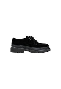Scarpe in suede nere con lacci e suola in gomma spessa, caratterizzate da una punta arrotondata e cuciture a contrasto lungo i bordi.