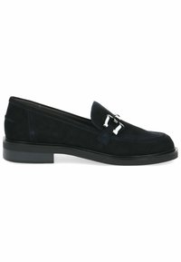 Mocasini din nubuc bleumarin, cu vârf rotund, detalii metalice argintii și talpă plată din cauciuc. Prezintă cusături decorative pe partea superioară.
