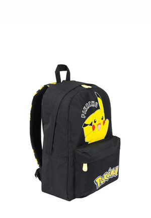 Black backpack with a yellow Pikachu character on front and Pokemon logo on front pocket, featuring padded shoulder straps with Pikachu pattern.