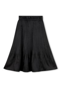 Μαύρη πλισέ φούστα με γυαλιστερό φινίρισμα, που διαθέτει υφασμάτινη μέση με ανάγλυφη επιγραφή "KARL LAGERFELD" σε μαύρα γράμματα.