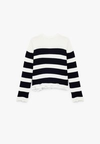 Suéter de punto a rayas blanco y negro con un diseño recortado, textura acanalada y dobladillo deshilachado. Mangas largas y cuello redondo completan el look.