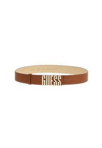 Cintura in pelle marrone strutturata con una fibbia in tono oro con il logo "GUESS" e diversi fori per la regolazione della misura. Fodera interna liscia.