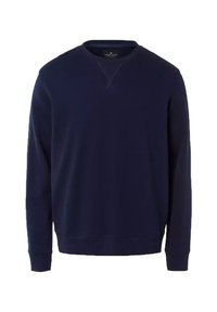 Granatowy sweter z okrągłym dekoltem, wykonany z miękkiego materiału, z długimi rękawami oraz ściągaczami na mankietach i na dole. Prosty design z bezszwowym dekoltem.