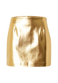 Gouden metalen minirok met een gladde, glanzende textuur en geplooid voorpand. Heeft een aansluitende taille en rechte zoom.