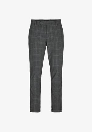 Grijze ruitenbroek met een knoopsluiting, voorzakken, een getailleerde pasvorm en een gladde textuur met subtiele blauwe accenten in het patroon.